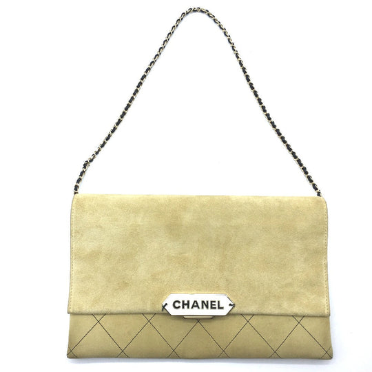 CHANEL Shoulder Bag suede Beige x Gold Metal CHANEL logo Matrasse Women Used Authentic