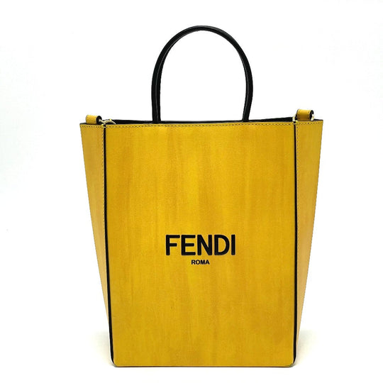 FENDI Shoulder Bag 7VA512 Leather, Calf Leather yellow logo 2WAY small Women Used Authentic