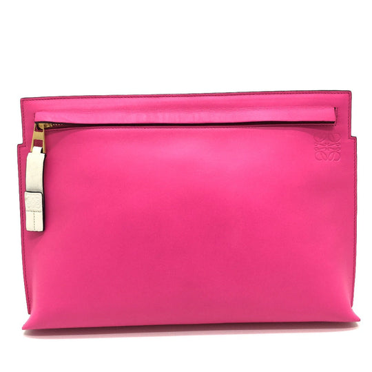 LOEWE Clutch bag leather White x pink anagram T pouch Women Used Authentic