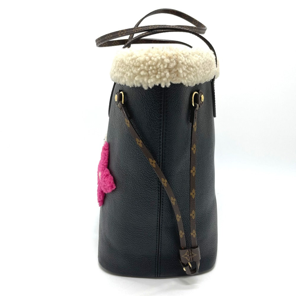 LOUIS VUITTON Tote Bag M56960 Calf leather black Shearling Monogram Flower LV Initials Neverfull MM Women Used Authentic