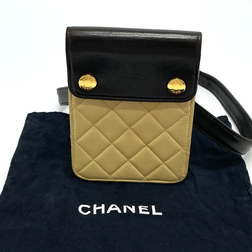 CHANEL Waist bag lambskin Black x beige Matrasse Bicolor Women Used Authentic