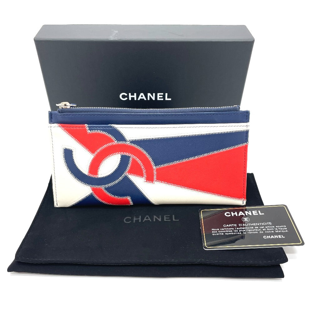 CHANEL Card Case lambskin Blue x white x red CC COCO Mark fringe Women Used Authentic