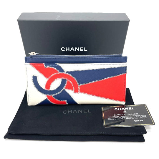 CHANEL Card Case lambskin Blue x white x red CC COCO Mark fringe Women Used Authentic