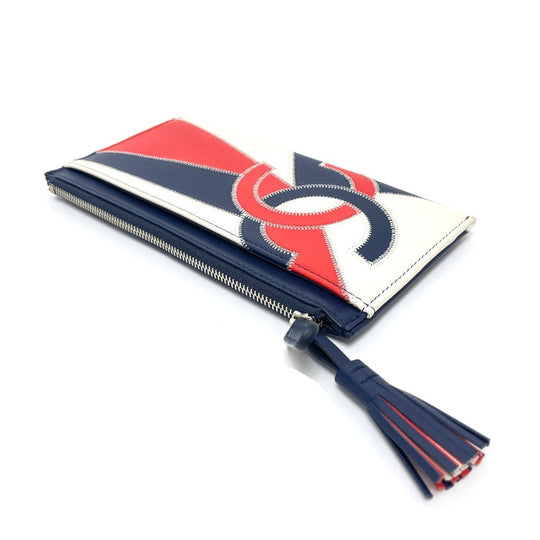CHANEL Card Case lambskin Blue x white x red CC COCO Mark fringe Women Used Authentic