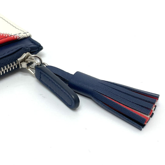 CHANEL Card Case lambskin Blue x white x red CC COCO Mark fringe Women Used Authentic