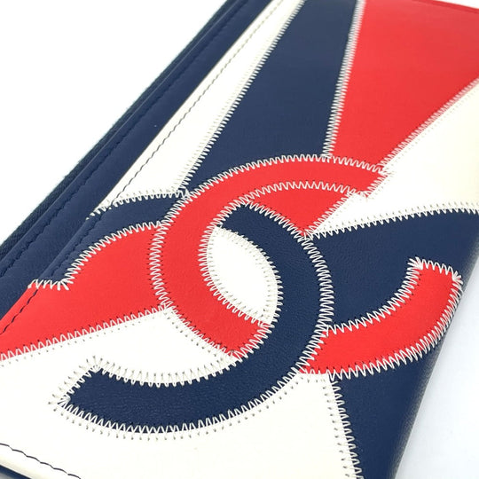 CHANEL Card Case lambskin Blue x white x red CC COCO Mark fringe Women Used Authentic