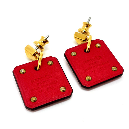 HERMES Pierce Gold Plated / Leather Red heart Asdukour PM Women Used Authentic