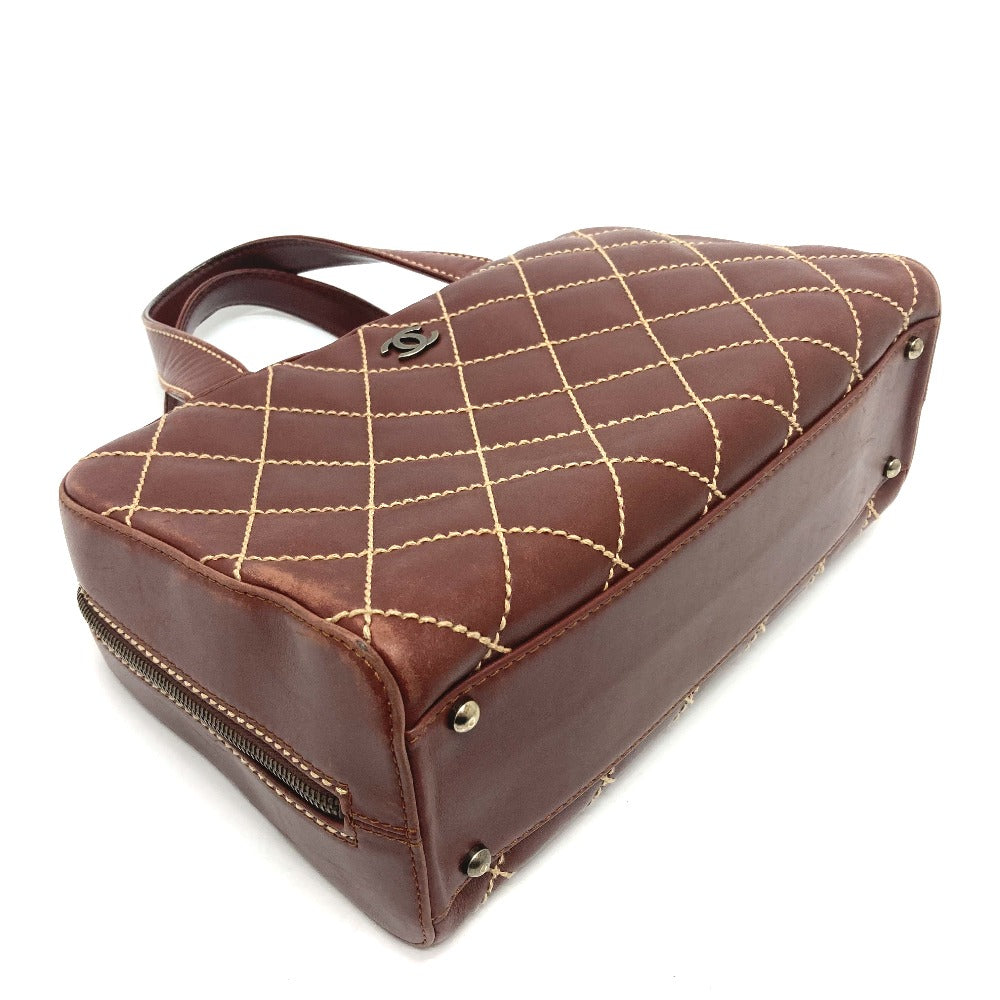 CHANEL Handbag Calfskin Brown CC COCO Mark Wild stitch Women Used Authentic