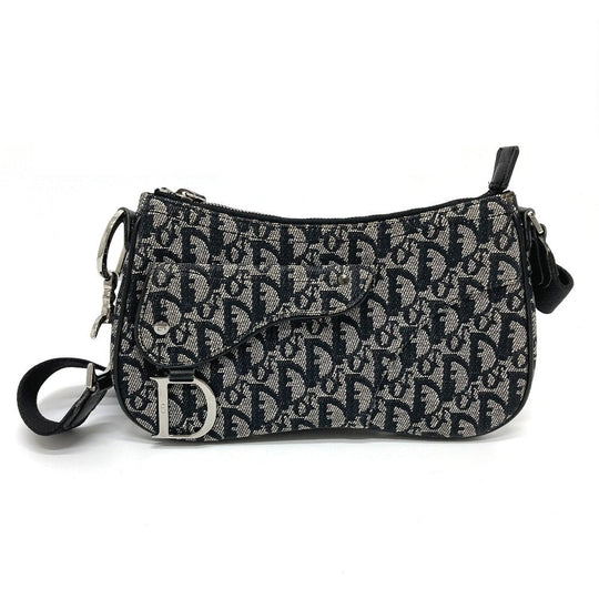 Christian Dior Shoulder Bag canvas Gray x black Bag Crossbody Trotter Oblique Saddle bag Women Used Authentic