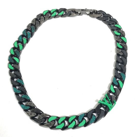 LOUIS VUITTON Necklace MP2853 metal Black / green LV Collier Chain Links Patches mens Used Authentic