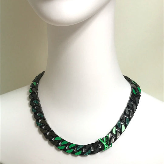 LOUIS VUITTON Necklace MP2853 metal Black / green LV Collier Chain Links Patches mens Used Authentic