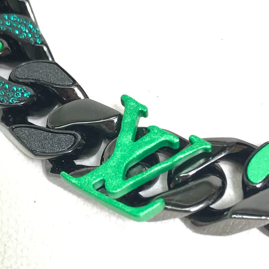 LOUIS VUITTON Necklace MP2853 metal Black / green LV Collier Chain Links Patches mens Used Authentic