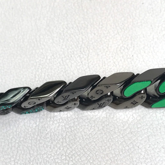 LOUIS VUITTON Necklace MP2853 metal Black / green LV Collier Chain Links Patches mens Used Authentic