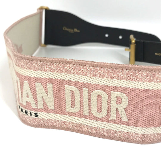 Dior belt Canvas/Leather, Gold Plated pink Embroidery logo Women 85 Used Authentic
