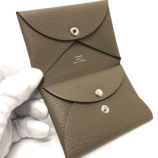 HERMES Card Case Chevre Misol Brown Calvi duo Women Used Authentic
