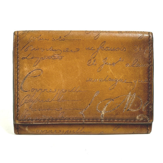 Berluti Card Case leather Brown calligraphy graffiti Pass case mens Used Authentic