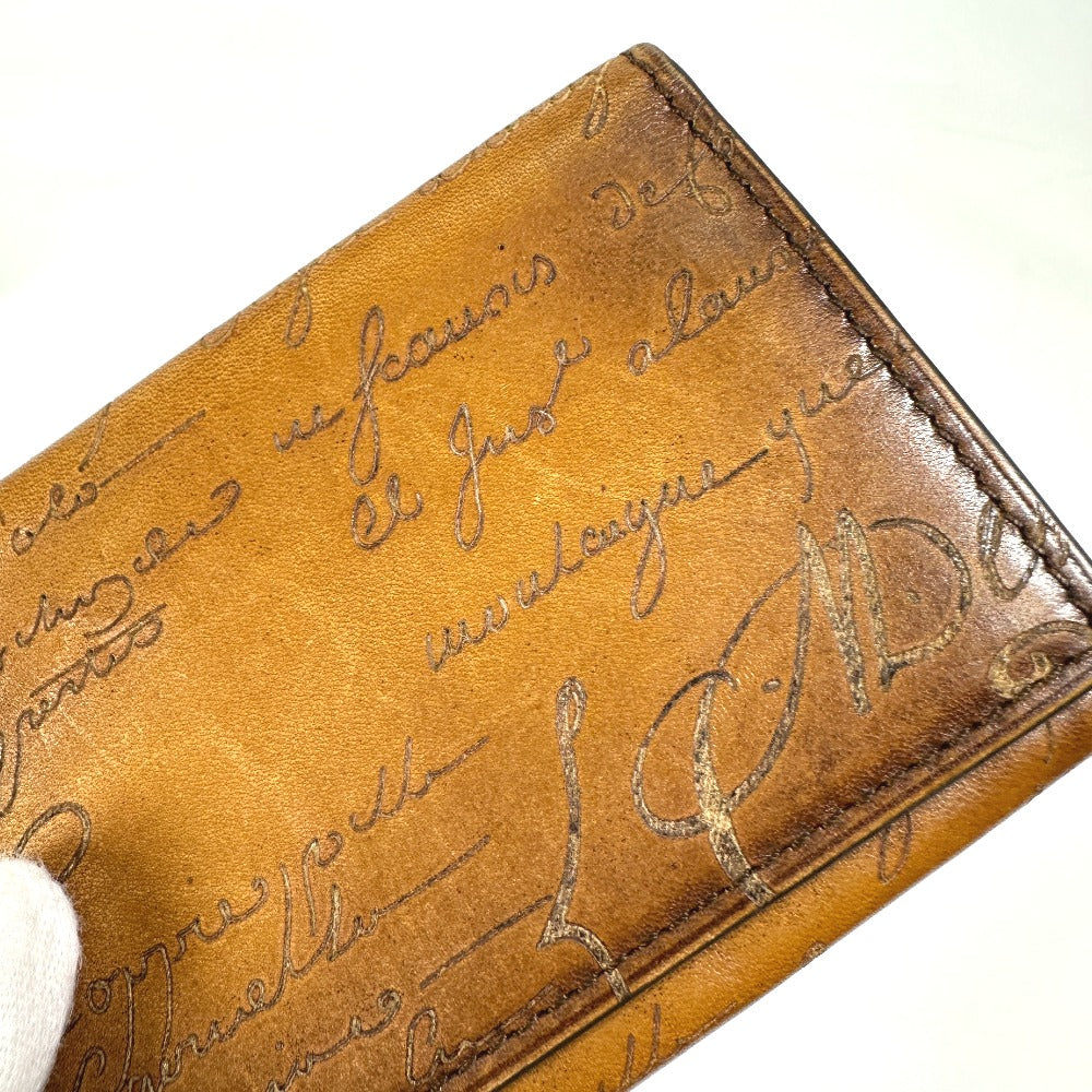Berluti Card Case leather Brown calligraphy graffiti Pass case mens Used Authentic