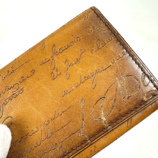 Berluti Card Case leather Brown calligraphy graffiti Pass case mens Used Authentic