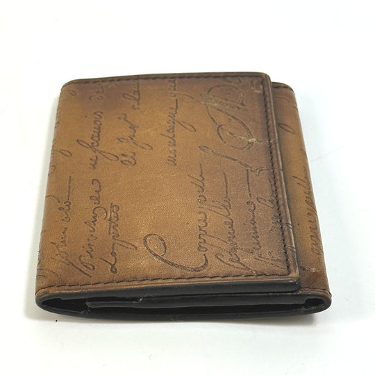 Berluti Card Case leather Brown calligraphy graffiti Pass case mens Used Authentic