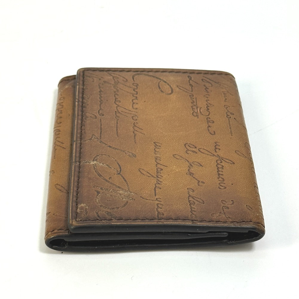 Berluti Card Case leather Brown calligraphy graffiti Pass case mens Used Authentic
