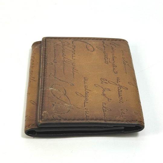 Berluti Card Case leather Brown calligraphy graffiti Pass case mens Used Authentic