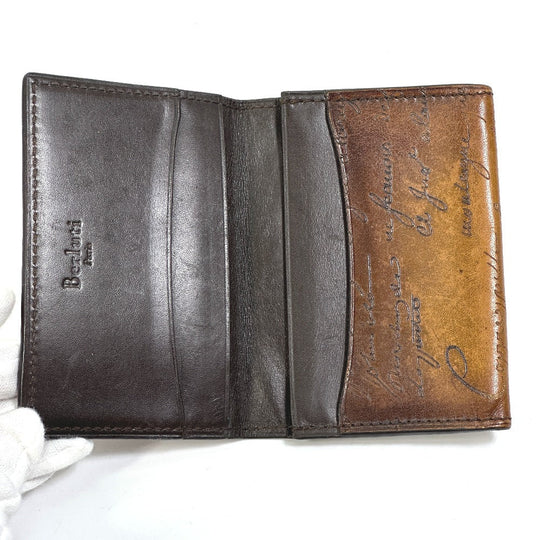 Berluti Card Case leather Brown calligraphy graffiti Pass case mens Used Authentic