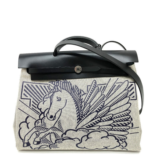 HERMES Shoulder Bag Toile H, Leather Navy Herbag Zip MM Pegasus pop Women Used Authentic