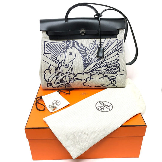 HERMES Shoulder Bag Toile H, Leather Navy Herbag Zip MM Pegasus pop Women Used Authentic