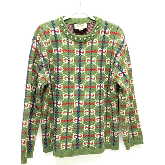 GUCCI sweater 713571 wool green GG Studs mens Used Authentic