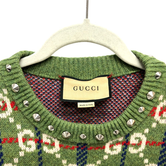 GUCCI sweater 713571 wool green GG Studs mens Used Authentic