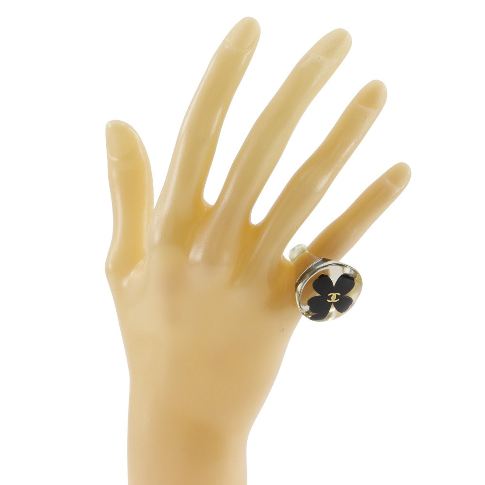 CHANEL Ring plastic Clear/Black COCO Mark Clover Women Used Authentic