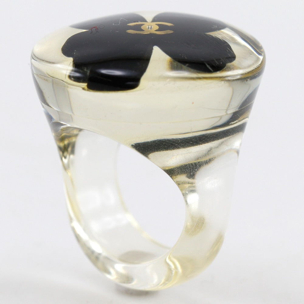 CHANEL Ring plastic Clear/Black COCO Mark Clover Women Used Authentic