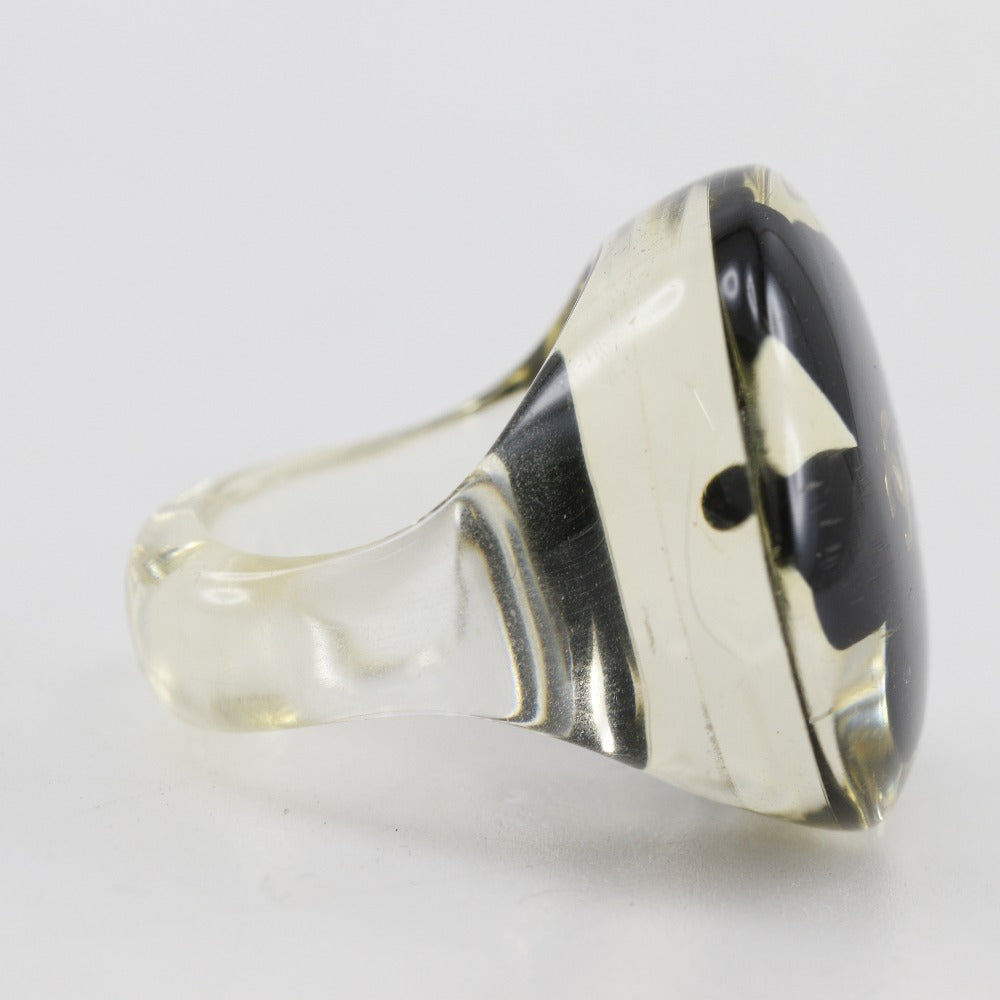 CHANEL Ring plastic Clear/Black COCO Mark Clover Women Used Authentic