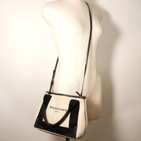 BALENCIAGA Handbag cotton beige Navy Cabas XS Women Used Authentic