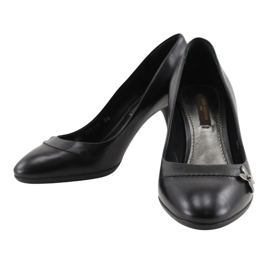 LOUIS VUITTON pumps leather black Round toe Monogram flower Women 34 Used Authentic