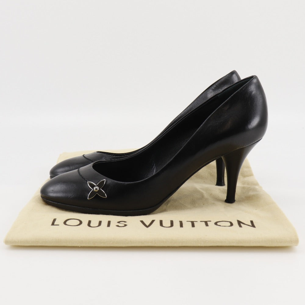 LOUIS VUITTON pumps leather black Round toe Monogram flower Women 34 Used Authentic