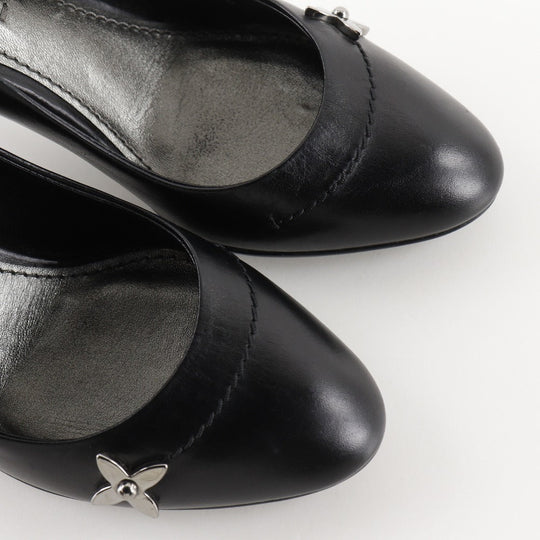 LOUIS VUITTON pumps leather black Round toe Monogram flower Women 34 Used Authentic