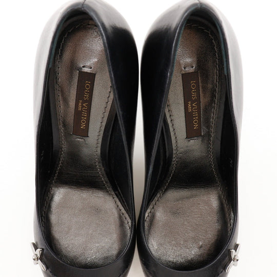 LOUIS VUITTON pumps leather black Round toe Monogram flower Women 34 Used Authentic