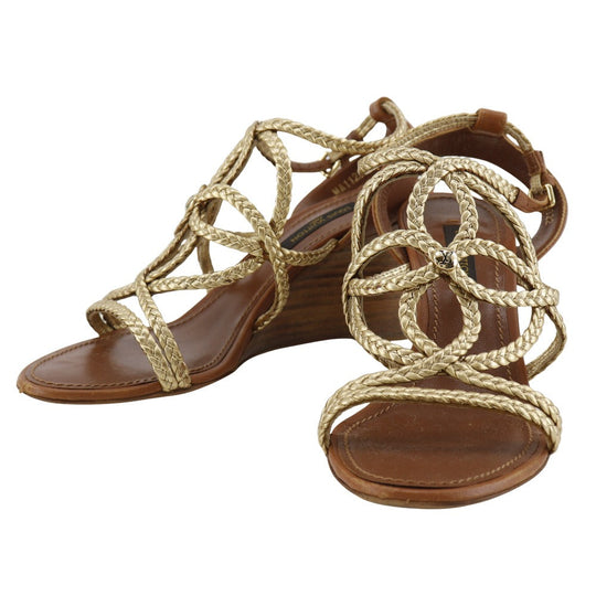 LOUIS VUITTON Sandals Leather, Wood gold Wedge sole Women 34 1/2 Used Authentic