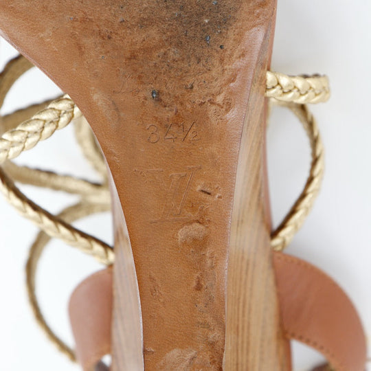 LOUIS VUITTON Sandals Leather, Wood gold Wedge sole Women 34 1/2 Used Authentic