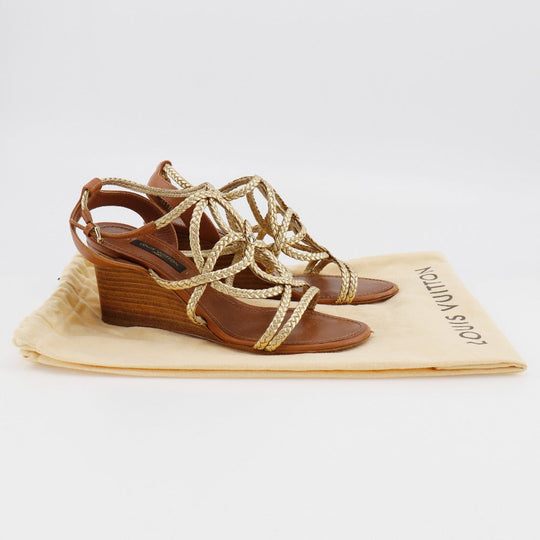 LOUIS VUITTON Sandals Leather, Wood gold Wedge sole Women 34 1/2 Used Authentic