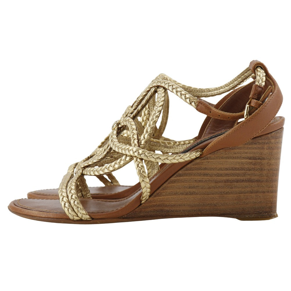 LOUIS VUITTON Sandals Leather, Wood gold Wedge sole Women 34 1/2 Used Authentic