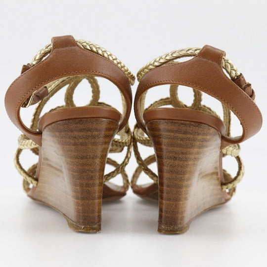 LOUIS VUITTON Sandals Leather, Wood gold Wedge sole Women 34 1/2 Used Authentic