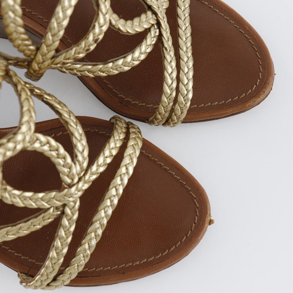 LOUIS VUITTON Sandals Leather, Wood gold Wedge sole Women 34 1/2 Used Authentic