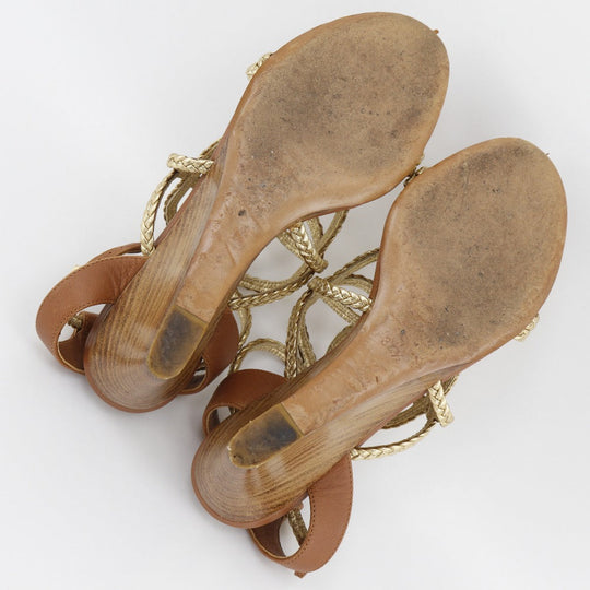 LOUIS VUITTON Sandals Leather, Wood gold Wedge sole Women 34 1/2 Used Authentic