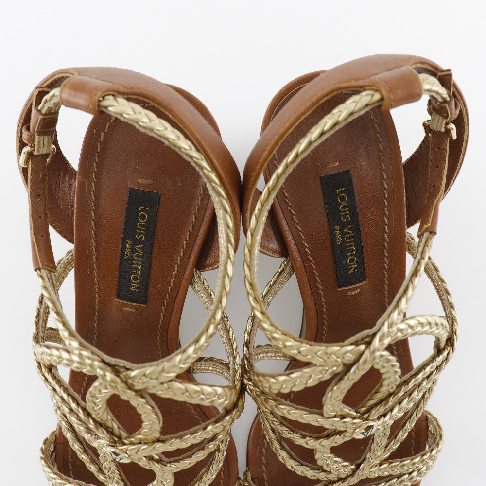 LOUIS VUITTON Sandals Leather, Wood gold Wedge sole Women 34 1/2 Used Authentic