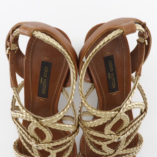 LOUIS VUITTON Sandals Leather, Wood gold Wedge sole Women 34 1/2 Used Authentic