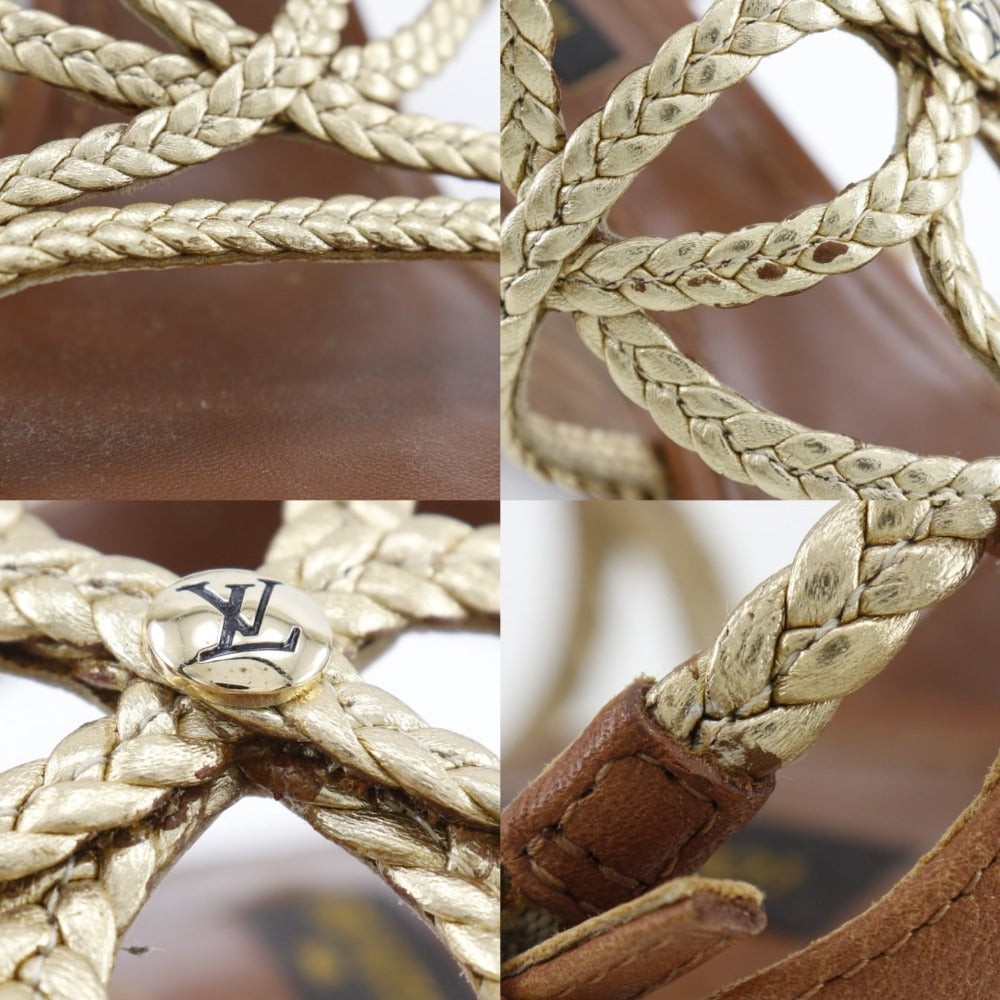 LOUIS VUITTON Sandals Leather, Wood gold Wedge sole Women 34 1/2 Used Authentic