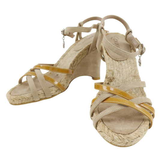 CHANEL Sandals Suede, Patent Leather beige Wedge sole COCO Mark charm Women 34 Used Authentic