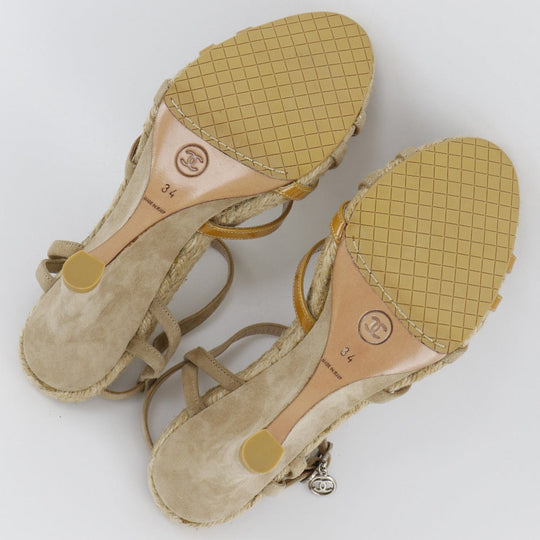 CHANEL Sandals Suede, Patent Leather beige Wedge sole COCO Mark charm Women 34 Used Authentic